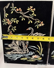 2 Vtg 60s SWAN PAINTING Set VELVET BLACK Picture Art Deco Lake Branches Blossom