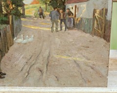Rural Village Scene with Figures and Geese Oil on Cardboard Signed Painting