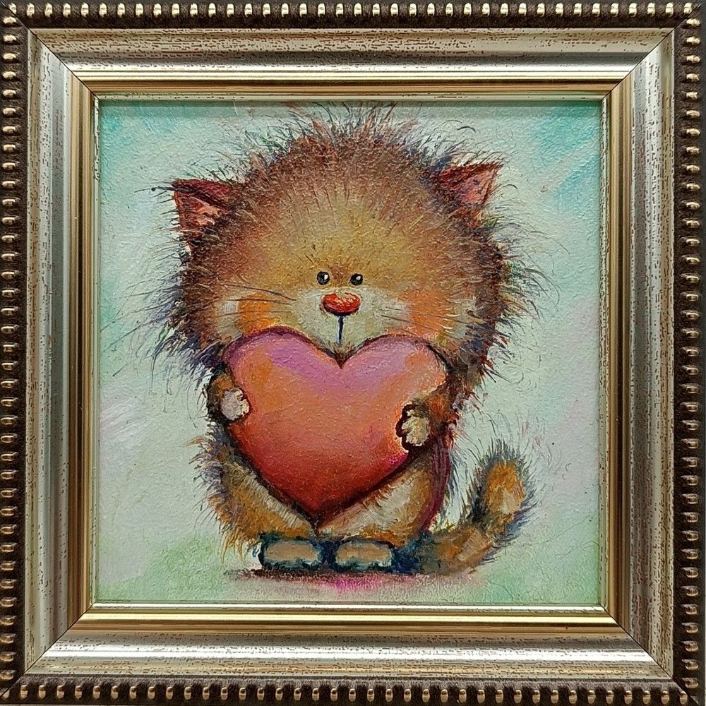 Original oil painting framed portrait art Cats 4×4 inches