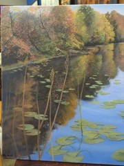 Oil On Canvas Depecting Serene Creek With Water Lilies In The Fall