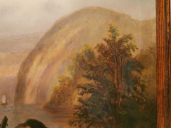 MID-19tTH C. HUDSON RIVER at WEST POINT, NY AMERICAN ANTIQUE UNSGND O/C, OAK FRM