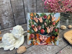 Original Oil Art 6×6” Portrait Woman Face Painting Floral Impasto Oil Painting