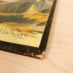 Vintage Still Life Painting of Sunflowers in Banded Pail Bucket on Board MCM