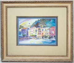 Beautiful Impressionist Painting of Colorful European Coastal Village 21×25″