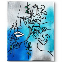 Woman Line Drawing White Lip Original Signed Mixed Media Art Painting 11×14 OOAK