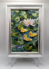 Cute Yellow Ducks Small Textured Painting Original Pond Lily Bathroom Decor