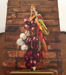 Vintage Oil Painting Still Life Vegetables Garlic Onions Peppers Signed La Grave