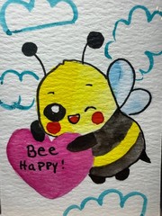ACEO Original OOAK Signed (Not a Print) „Bee Happy“ Honeybee & Heart Art Card