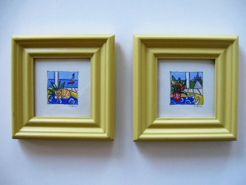 2 Framed Original Acrylic Paintings on canvas, cat art, beach, Eiffel tower OOAK