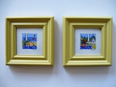 2 Framed Original Acrylic Paintings on canvas, cat art, beach, Eiffel tower OOAK
