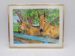 Framed Watercolor of 2 Horses at a Watering Trough Artist Sandi 2012