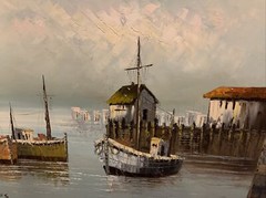 Ships in A Harbor Fishing Boats Original Oil Painting  by W. Jones Signed 24x 36