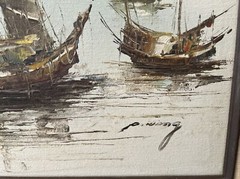 VINTAGE ORIGINAL OIL PAINTING ASIAN ARTIST P. WONG SEASIDE FISHING BOATS