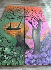 Wood Art, Tree Art, Scrap Wood Painting, 2 Piece Art, Girl Art, Tree Swing