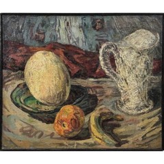 Anthony Ferrara – Vintage Still with Melon, Signed (1952, Oil on Canvas)