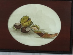 Vtg Original Watercolor Ohio Chestnuts Buckeyes Signed R E Baker Framed 14 x 10