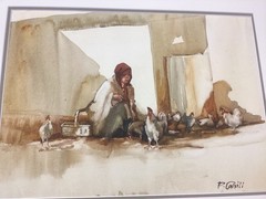 Patrick Cahill Irish Artist Watercolor “Woman Feeding Chickens“