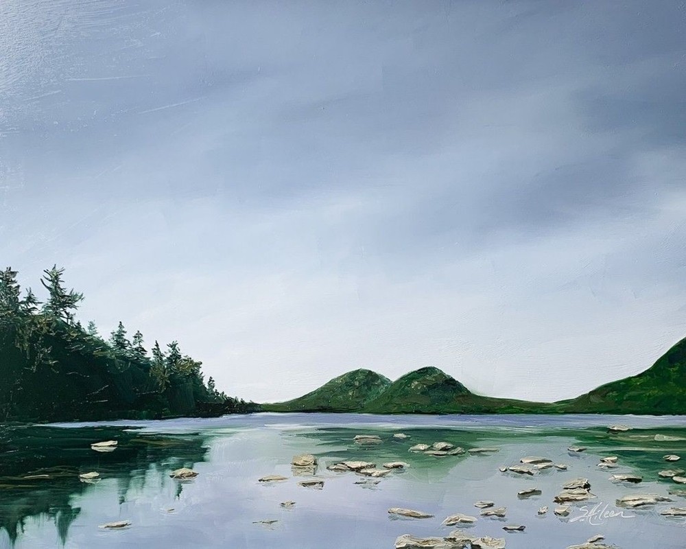 11×14 Maine Original Oil Painting Acadia Jordan Pond Landscape Blue Sky Signed