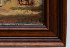 Original Signed Oil Painting On Wood Landscape With Figures Panorama, Framed