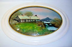 Antique Reverse Foil Painting Oval Convex Glass Landscape 14″x24″ Wood Frame