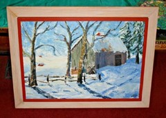 Vintage Oil Painting Country Barn Snow Field Trees Wood Picket Fence Signed WMEE