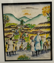 Rony Laurent Haitian Village Scene Framed Matted Painting Haiti Watercolor & Ink