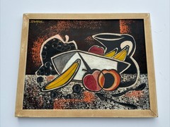 Mid Century Painting Abstract Cubist Cubism Modernism Fruit Signed D’Wayne 1950