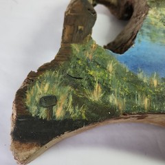 Vtg Hand Painted Wood Live Edge Slab Mountain Scenery Art Woodland Scene w/Pond