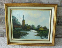 Vintage Framed Oil on Canvas Church Scene Steeple Creek 13″ x 11″ Signed