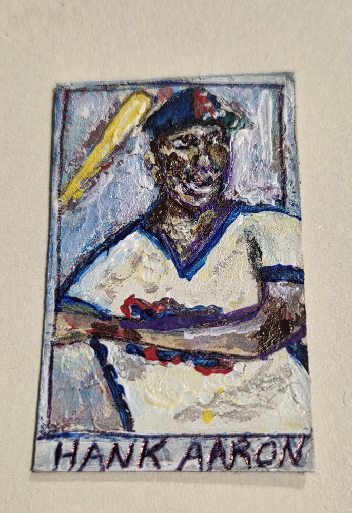 Hank Aaron 1/1 Sketch Art, Acrylic Paint 2.25 x 1.5 On Cardboard