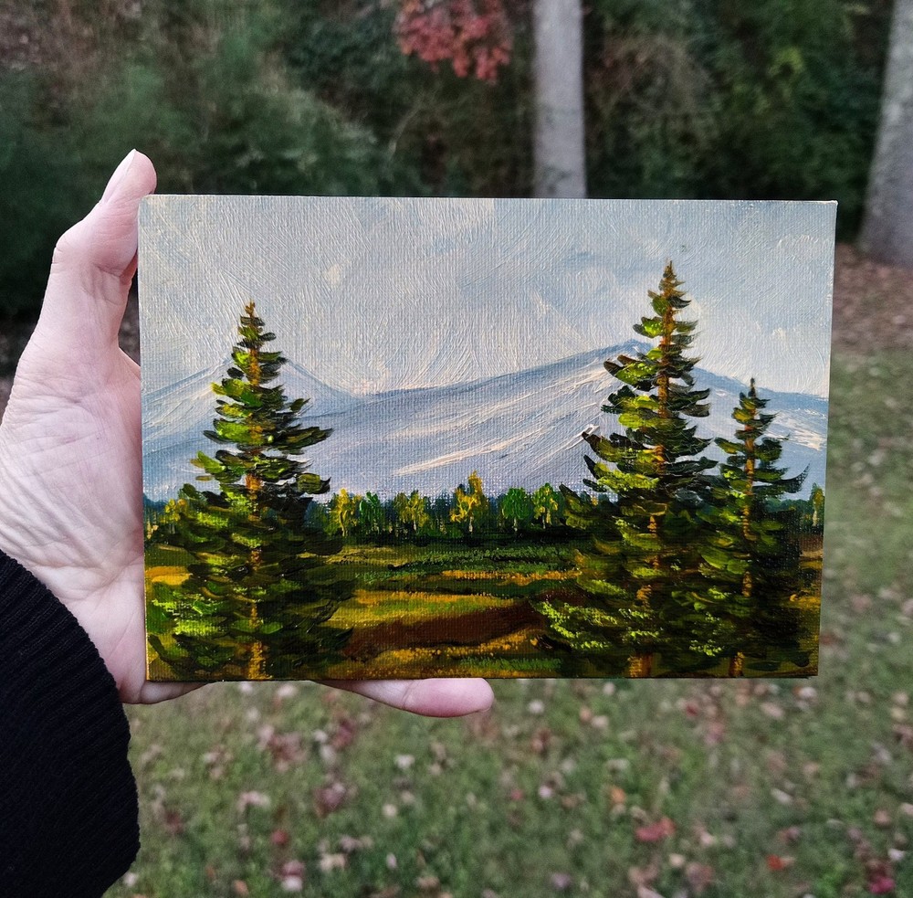 Mountain Landscape Oil Painting Forest Impressionist Nature Art 5×7″ on Canvas