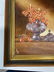 Original Oil Painting Still Life Wooden Frame Berries And Silver Urn