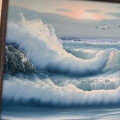 Vintage Canvas Painting Wood Frame morning light Waves Signed By Artist