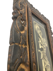 Vintage Bali Painting With Original Ornate Wood Carved Frame 34 x 19 cms