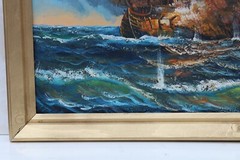 J.Harvey Large Oil painting on canvas, SHIPS BATTLE AT SEA, Signed, Framed