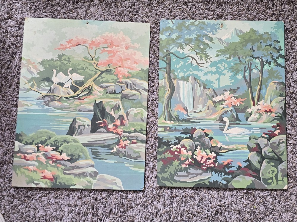 2 Vintage 1956 Swan in River Waterall Paint by Number Paintings 12″ x 16″