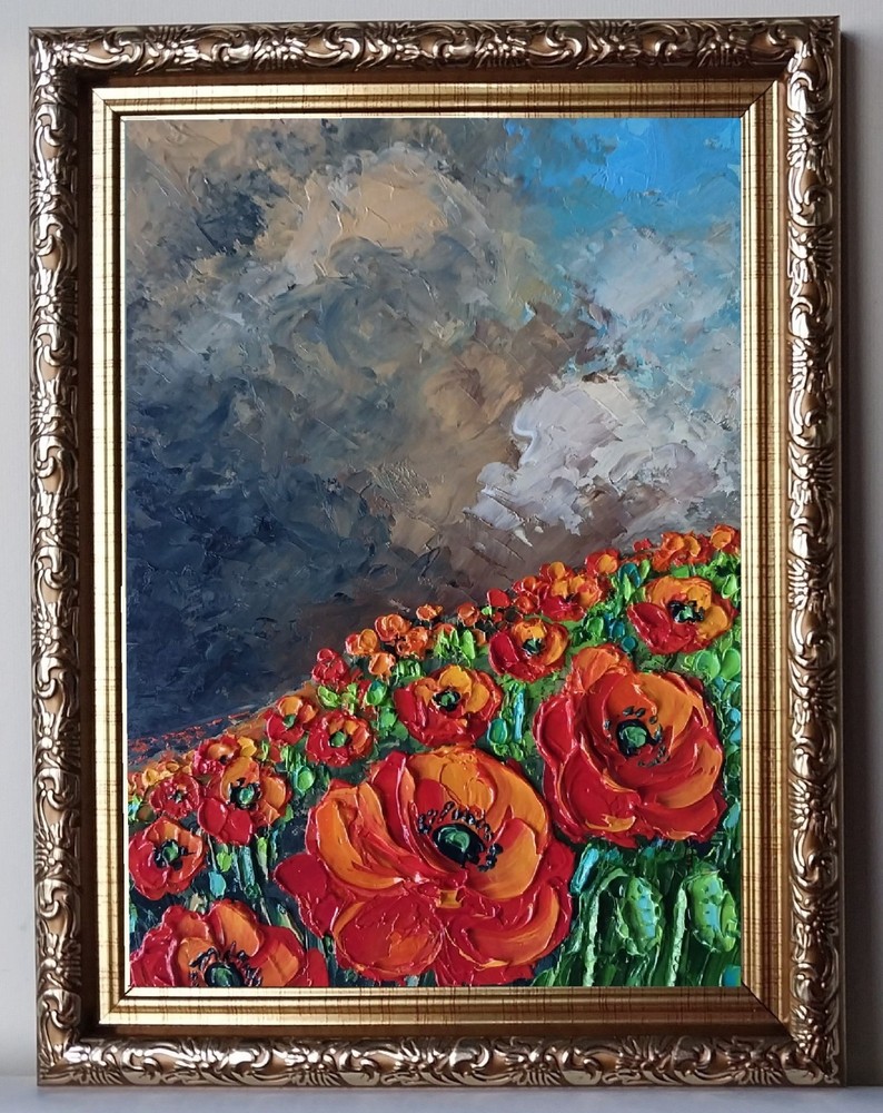 Framed Red Poppy Field Stormy Cloudy Sky Landscape 6×8” Oil Painting Original