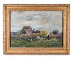 Theodore Robinson 1852-96 Impressionist Landscape w Figure Antique Oil Painting