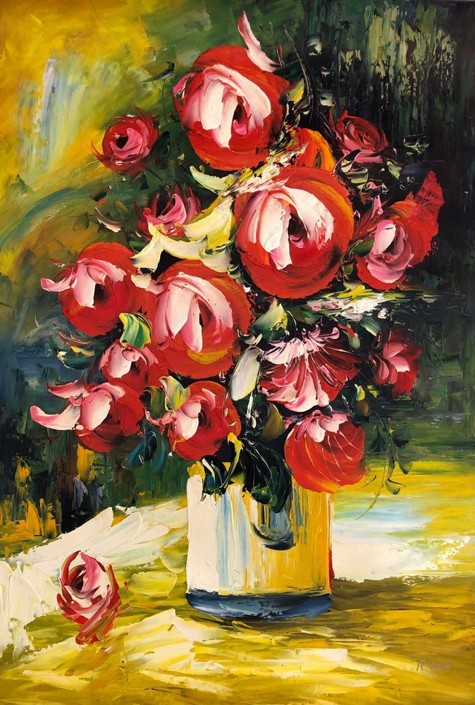Floral in Vase,Original Oil Painting by R. Cook, 61 X91 cm