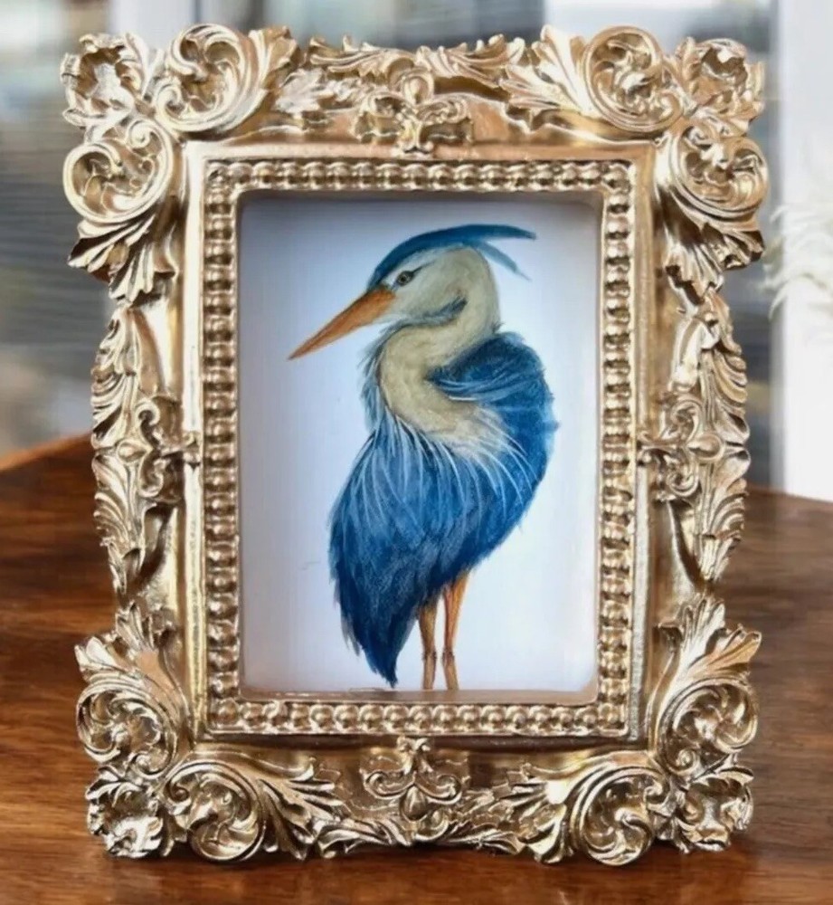 Great Blue Heron bird mini watercolor print in gold vintage style ornate frame