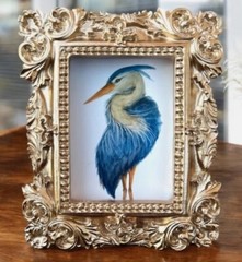 Great Blue Heron bird mini watercolor print in gold vintage style ornate frame
