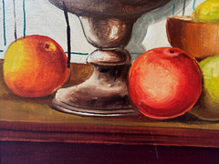 K HANLO HOLLAND SIGNED OIL PAINTING STILL LIFE SILVER VASE WITH ASSORTED FRUITS
