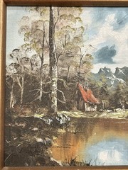 Mountain Cabin In The Woods By A Lake Original Oil Painting Elf Cottage Core