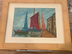 Vintage Oil Painting Greek Fishing Boats Framed 16” by 13”