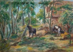 Antique/Vintage European Signed Oil Painting Cows Grazing in Woods 40.5 x 57.5cm