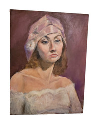 Vintage Oil Painting on Canvas – Portrait of Woman in Hat 16×20