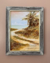 Original Impressionist SIGNED Beach Road Palm Tree FRAMED Sand/Blue/Seafoam