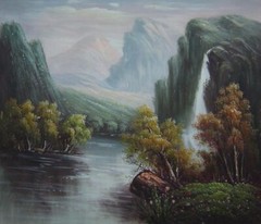 20×24 Mountain Area Waterfall Rush Down to River Oil Painting Classic Landscape