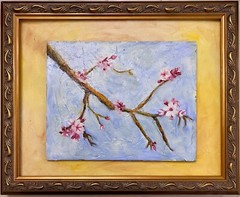 Cherry Blossoms Branch Impressionistic Oil Painting by Artist Matted Gold Frame