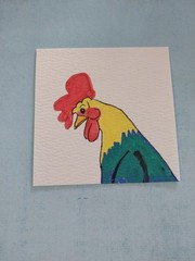 3×3 ORIGINAL PAINTING ROOSTER FOLK ART WHIMSICAL STORYBOOK CUTE CHICKEN GAT
